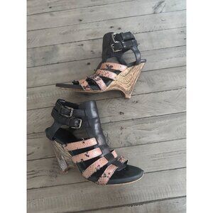 Latitude Femme Strappy Wedge Heel Sandals Black Leather Snake Size 37.5